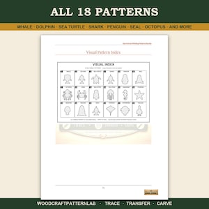 May include: A white document titled Visual Pattern Index featuring a grid of 18 black and white line art silhouettes of sea animals including a whale, dolphin, sea turtle, shark, penguin, seal, octopus, crab, jellyfish, and starfish.