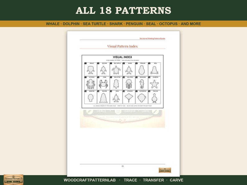 May include: A white document titled Visual Pattern Index featuring a grid of 18 black and white line art silhouettes of sea animals including a whale, dolphin, sea turtle, shark, penguin, seal, octopus, crab, jellyfish, and starfish.