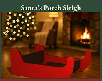 May include: A printable PDF woodworking plan for a Santa's Porch Sleigh. The red and black wooden sleigh is 29 inches wide and 11 inches tall. The plan includes a cut list, cutting diagrams, step-by-step instructions, and templates.