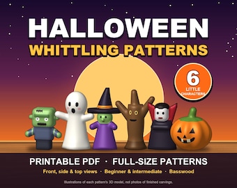 May include: Halloween whittling patterns printable PDF featuring six little characters: a green monster, a white ghost, a witch in a purple dress, a brown tree, a vampire, and an orange pumpkin. Includes front, side, and top views for carving.