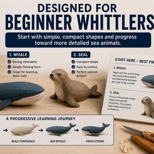 May include: A whittling kit for beginners featuring a blue wooden whale carving, a brown wooden seal carving, an instructional guide titled "Designed for Beginner Whittlers," and wood carving tools with wooden handles.