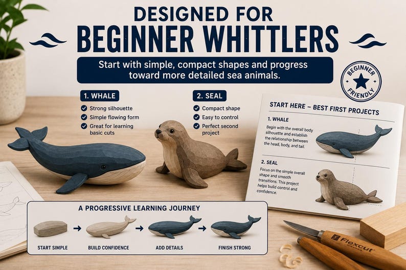 May include: A whittling kit for beginners featuring a blue wooden whale carving, a brown wooden seal carving, an instructional guide titled "Designed for Beginner Whittlers," and wood carving tools with wooden handles.