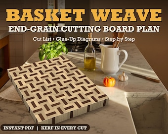 May include: A digital document titled BASKET WEAVE END-GRAIN CUTTING BOARD PLAN, featuring a rectangular wooden cutting board with a dark and light brown basket weave pattern, including a cut list, glue-up diagrams, and step-by-step instructions.