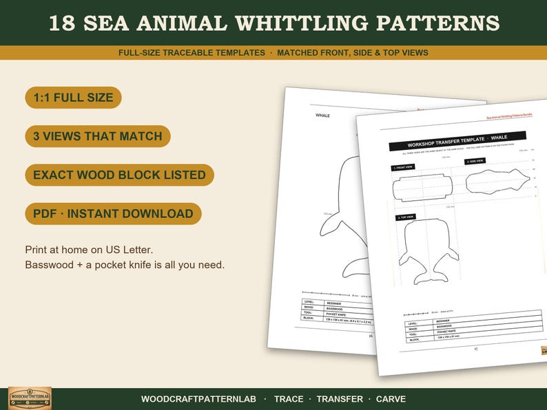 May include: A digital document titled 18 SEA ANIMAL WHITTLING PATTERNS featuring full-size traceable templates with front, side, and top views. The pages include workshop transfer templates for a whale, specifying wood block sizes and tools.