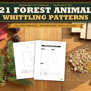 Könnte beinhalten: Ein druckbares PDF-Dokument mit dem Titel 21 Forest Animal Whittling Patterns, das Vorlagen in Originalgröße mit Vorder-, Seiten- und Draufsicht enthält. Die Seiten zeigen Strichzeichnungen eines Fuchses und einer Eule sowie Holzspäne und ein Schnitzmesser.