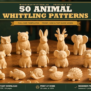 May include: A collection of 50 animal whittling patterns presented as a printable PDF. The image displays various carved wooden animal figurines including an owl, bear, rabbit, deer, elephant, fox, penguin, koala, dog, turtle, fish, snail, duck, hedgehog, and pig.
