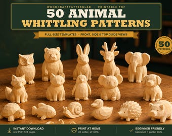 May include: A collection of 50 animal whittling patterns presented as a printable PDF. The image displays various carved wooden animal figurines including an owl, bear, rabbit, deer, elephant, fox, penguin, koala, dog, turtle, fish, snail, duck, hedgehog, and pig.