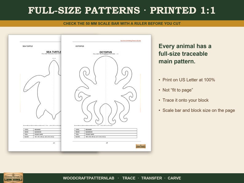 May include: Full-size printed patterns for a sea turtle and an octopus on white paper. The document includes a 50 mm scale bar, instructions to print on US Letter at 100%, and tables listing level, wood, tool, and block size for each animal.