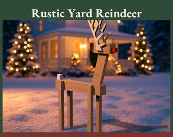 May include: A printable PDF woodworking plan for a Rustic Yard Reindeer. The reindeer is constructed from light brown wood with a red nose and white tail. The plan includes dimensions of 27-1/2 inches wide and 43-3/16 inches tall for the project.