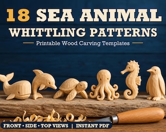 May include: 18 SEA ANIMAL WHITTLING PATTERNS Printable Wood Carving Templates. Six light-colored wooden animal carvings including a whale, dolphin, turtle, octopus, seahorse, and penguin. A wood carving knife rests on a wooden surface with shavings.