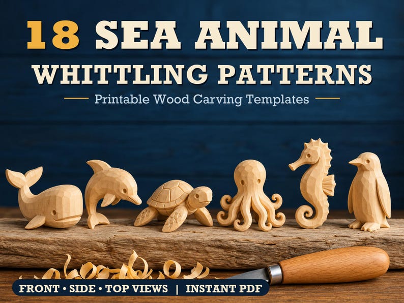 Six carved basswood sea animals on a driftwood plank: whale, dolphin, sea turtle, octopus, seahorse and penguin, under the title 18 Sea Animal Whittling Patterns.