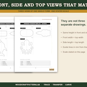 May include: Two white pages featuring workshop transfer templates for wood carving. Each page displays front, side, and top views of a dolphin and an octopus, with text including 'WORKSHOP TRANSFER TEMPLATE', 'They are not three separate drawings', and 'WOODCRAFTPATTERNLAB'.