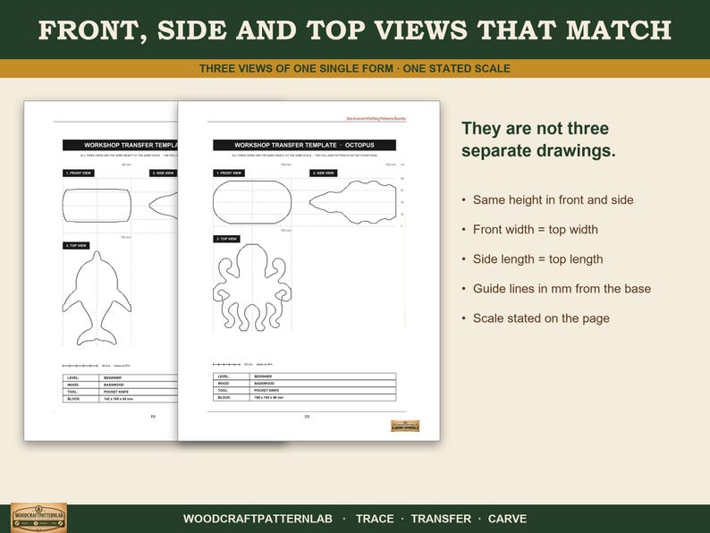 May include: Two white pages featuring workshop transfer templates for wood carving. Each page displays front, side, and top views of a dolphin and an octopus, with text including 'WORKSHOP TRANSFER TEMPLATE', 'They are not three separate drawings', and 'WOODCRAFTPATTERNLAB'.