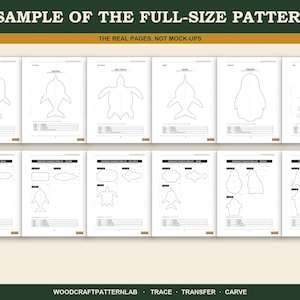 May include: A collection of twelve white paper sheets featuring black line art patterns of various sea animals including a whale, dolphin, sea turtle, shark, penguin, and seal. The text reads A SAMPLE OF THE FULL-SIZE PATTERNS and WOODCRAFTPATTERNLAB.