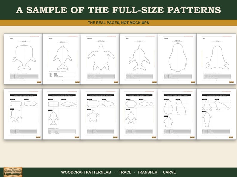 May include: A collection of twelve white paper sheets featuring black line art patterns of various sea animals including a whale, dolphin, sea turtle, shark, penguin, and seal. The text reads A SAMPLE OF THE FULL-SIZE PATTERNS and WOODCRAFTPATTERNLAB.