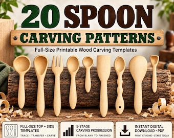 May include: A collection of eight light-colored wooden spoons and a fork arranged in a row. The image features the text 20 SPOON CARVING PATTERNS, Full-Size Printable Wood Carving Templates, and information about digital downloads and templates.