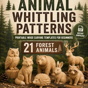 Op de afbeelding: Een digitale gids getiteld Forest Animal Whittling Patterns met 21 printbare houtsnijpatronen. De afbeelding toont zes uit hout gesneden dierenfiguren, waaronder een uil, vos, beer, egel, konijn en hert, met iconen voor downloaden, printen en snijden.