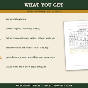 May include: An instant PDF download containing 54 pages of 18 sea animal patterns. Includes 36 pattern pages, 1:1 full-size traceable main patterns with a 50 mm scale bar, 3 matched views per animal, guide lines, exact wood block dimensions, a visual index, and a beginner guide.