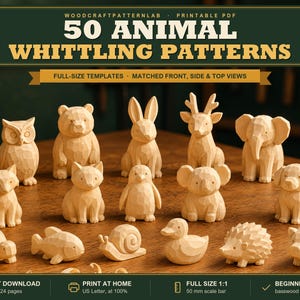 50 Animal Whittling Patterns Bundle, Full Size Wood Carving Templates, Front Side Top Views, Beginner Whittling PDF Download