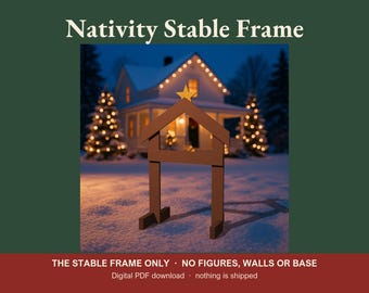 May include: A printable PDF woodworking plan for a Nativity Stable Frame. The brown wooden frame features a peaked roof with a gold star at the top. The text reads Nativity Stable Frame, 27-7/8 inches wide, 43-5/16 inches tall, and intermediate.