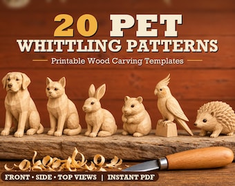 May include: A digital graphic titled 20 PET WHITTLING PATTERNS Printable Wood Carving Templates featuring six light-colored wooden animal figurines including a dog, cat, rabbit, hamster, bird, and hedgehog, with a wood carving knife and shavings.