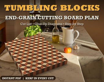 May include: A digital document titled TUMBLING BLOCKS END-GRAIN CUTTING BOARD PLAN, featuring a wood cutting board with a geometric cube pattern in shades of brown, tan, and cream, including a cut list, glue-up diagrams, and step-by-step instructions.