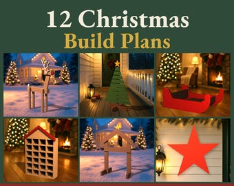May include: A digital collection of 12 Christmas build plans from Woodcraft Pattern Lab, featuring printable PDF instructions for projects like a wooden reindeer, a tree, a sleigh, an advent calendar, and a star for porch, yard, or mantel decor.