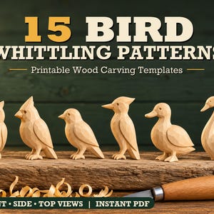 Puede incluir: Una colección de seis tallas de madera de aves en tonos claros que incluyen un búho, un cardenal, un pájaro pequeño, un pájaro carpintero, un pato y un cisne. El texto 15 BIRD WHITTLING PATTERNS Printable Wood Carving Templates FRONT SIDE TOP VIEWS INSTANT PDF es visible.