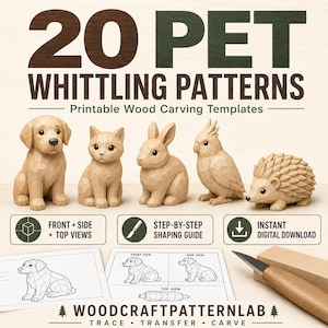 20 Pet Whittling Patterns Bundle, Printable Wood Carving Templates for Beginners