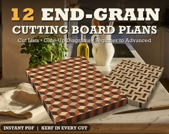 May include: A digital document titled 12 END-GRAIN CUTTING BOARD PLANS featuring two wooden cutting boards with geometric patterns. One board displays a 3D cube design in brown and tan, while the other shows a woven pattern. Text includes Cut Lists, Glue-Up Diagrams, Beginner to Advanced, and INSTANT PDF | KERF IN EVERY CUT.