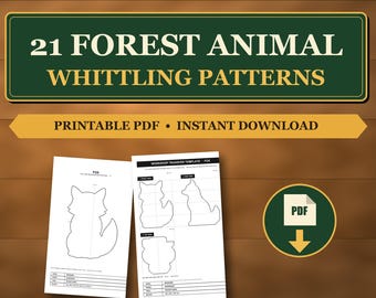 May include: A digital document titled 21 FOREST ANIMAL WHITTLING PATTERNS PRINTABLE PDF INSTANT DOWNLOAD featuring two white pages with black line art fox templates and a circular icon with a white PDF symbol and a yellow arrow.