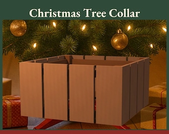 May include: A printable PDF woodworking plan for a Christmas Tree Collar. The document features the text 'Christmas Tree Collar', '23-1/2" wide', '12" tall', 'Beginner', 'CUT LIST', 'CUTTING DIAGRAMS', 'STEP-BY-STEP', and 'TEMPLATES'.