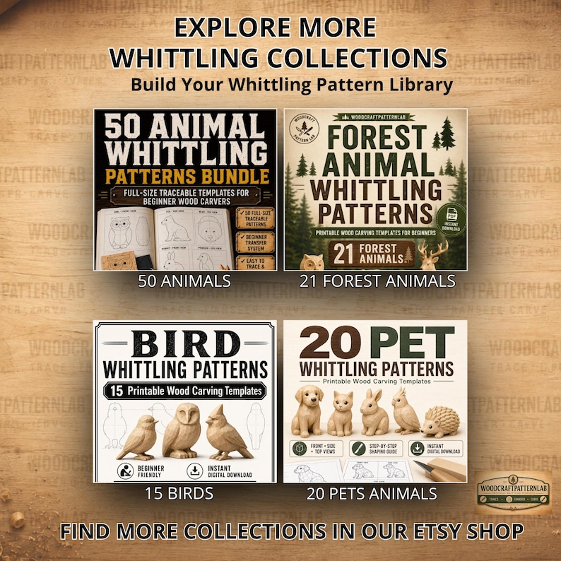 May include: A digital display featuring four whittling pattern collections: 50 Animal Whittling Patterns Bundle, 21 Forest Animal Whittling Patterns, 15 Bird Whittling Patterns, and 20 Pet Whittling Patterns, all with text and illustrations.