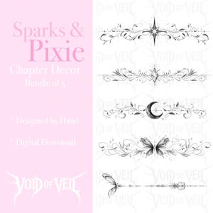 Könnte beinhalten: Ein digitales Set aus fünf schwarz-weißen dekorativen Trennlinien mit Himmels- und Naturmotiven, darunter ein Stern, ein Diamant, eine Mondsichel und Schmetterlingsflügel, mit dem Text Sparks & Pixie Chapter Decor Bundle of 5.