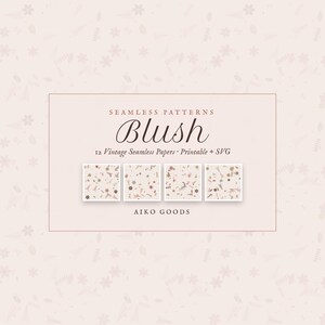 Puede incluir: Una colección digital de 12 patrones sin costuras titulada Blush, con motivos florales y abstractos de estilo vintage en tonos rosa suave y tierra. El conjunto incluye papeles imprimibles y archivos SVG, presentados por Aiko Goods.