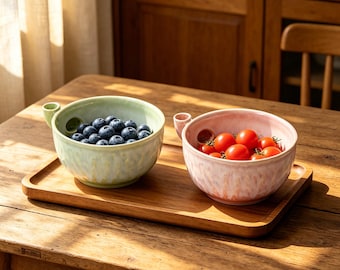 Reactive Glaze Vortex Ceramic Bowl, Self-Stirring Berry Washing Colander, Handmade Farmhouse Fruit Prep Bowl