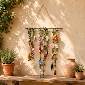 Boho Crochet Flower Vine Wall Hanging, Colorful Floral Macrame Tapestry，Handmade Cotton Crochet Flower Macrame Wall Decor