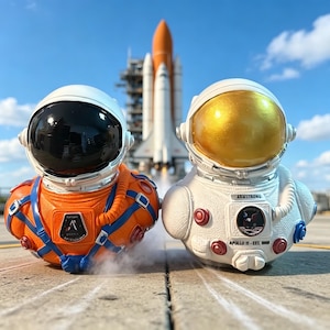 May include: Two astronaut-themed rubber ducks. The left duck wears an orange suit with blue straps and a black visor. The right duck wears a white suit with a gold visor, featuring the text ARMSTRONG and APOLLO 11 - EST. 1969 on its chest.