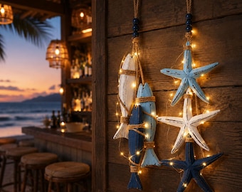 Nautical Wooden Wall Hanging, Coastal Starfish & Fish Ornament with Fairy Lights, Mediterranean Beach Decor, Rustic Beach House Wall Decor