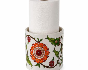 Handmade Turkish Çini Ceramic Paper Towel Holder, Floral Kitchen & Bathroom Counter Decor