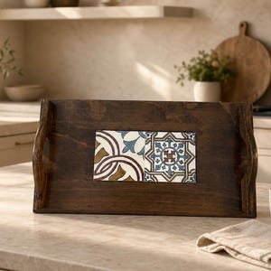 Hand Painted Turkish Ceramic Tile Wooden Serving Tray, Handmade Ottoman Coffee and Tea Tray, Decorative Kitchen Table Decor