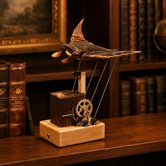 A hand-crank wooden automaton where a manta ray actually flaps and glides — mechanical poetry you build yourself from laser-cut wood.