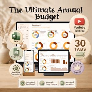 May include: A digital budget planner titled The Ultimate Annual Budget displayed on a computer monitor, tablet, and smartphone. The interface features pie charts, bar graphs, and financial data. Icons indicate Excel, Google Sheets, 30 tabs, and a YouTube tutorial.