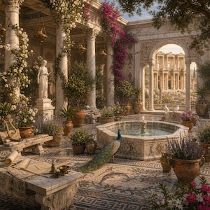 May include: An ornate courtyard featuring marble columns, a central octagonal fountain, and a peacock standing on a mosaic floor. The space is decorated with potted plants, flowering vines, a stone bench, a statue, and a lyre, with ancient ruins visible through a large archway.