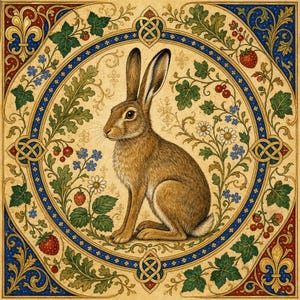 Puede incluir: Una ilustración decorativa cuadrada que presenta una liebre marrón centrada dentro de un marco circular. El fondo está adornado con intrincados patrones florales dorados, azules y rojos, incluyendo fresas, margaritas y hojas verdes de estilo medieval.