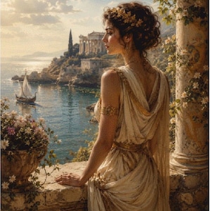Puede incluir: Una figura con un vestido drapeado de color blanco roto con detalles dorados y un brazalete a juego, de pie en un balcón de piedra. La figura lleva un tocado floral dorado adornado en el cabello, con vistas a una costa con un velero.