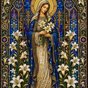 Puede incluir: Una obra de arte en vidriera que representa una figura con túnica azul y blanca sosteniendo un ramo de lirios blancos. La figura tiene un halo dorado y está enmarcada por un borde intrincado de vidrio azul, lirios y dos palomas blancas.