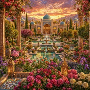 May include: A sprawling garden scene featuring a central fountain and reflecting pools leading to an ornate building with a large dome. The foreground is filled with vibrant pink, white, and purple flowers, decorative lanterns, and stone pillars.