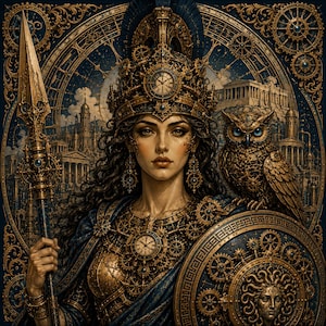 May include: A digital illustration of a figure wearing an ornate gold clockwork helmet and armor, holding a tall spear. An owl with mechanical details sits on a shield featuring a Medusa emblem. The background displays ancient architecture.