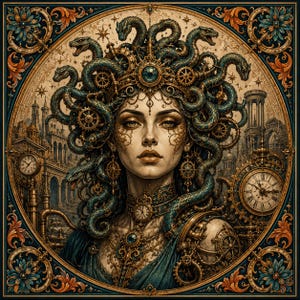 May include: A digital illustration of a figure with teal snakes for hair, wearing a gold clockwork crown and ornate mechanical jewelry. The background features architectural clock towers and gears within a circular frame with floral corners.
